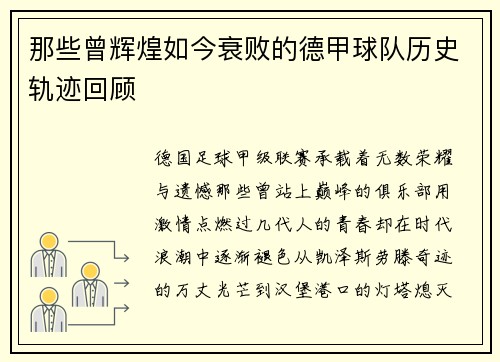 那些曾辉煌如今衰败的德甲球队历史轨迹回顾